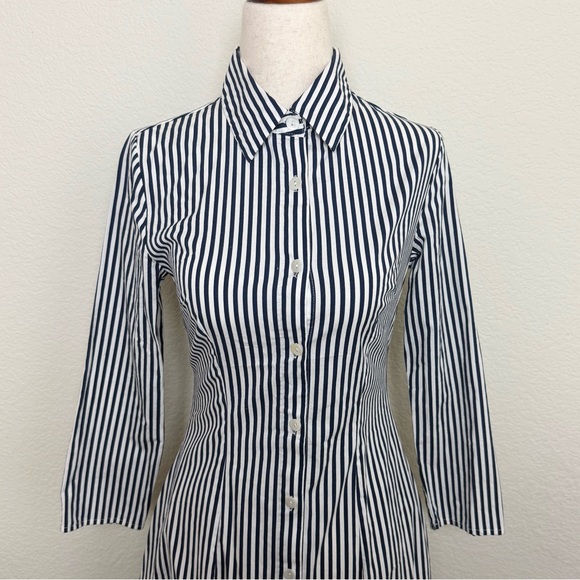 Dainty Jewells Blue‎ White Striped Half Sleeve Button Down Midi Dress - Picture 2 of 8